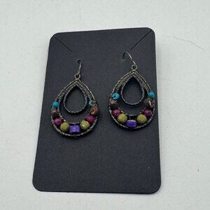 Teardrop Beaded Earrings With Multicolor Stones & Antique Bronze Finish